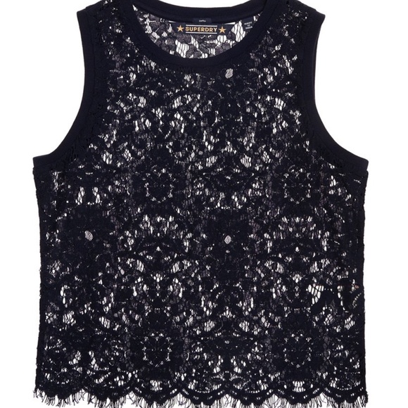 Superdry Eyelash Lace Navy Blue Tank Top Cocktail Sleeveless Blouse - Picture 2 of 16